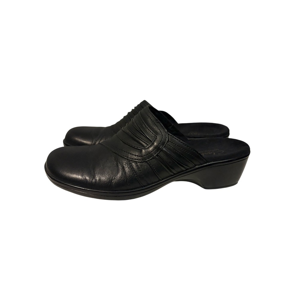Clarks‎ Bendables Black Leather Pleated Mule Clogs Low Wedge Womens 7M 67679